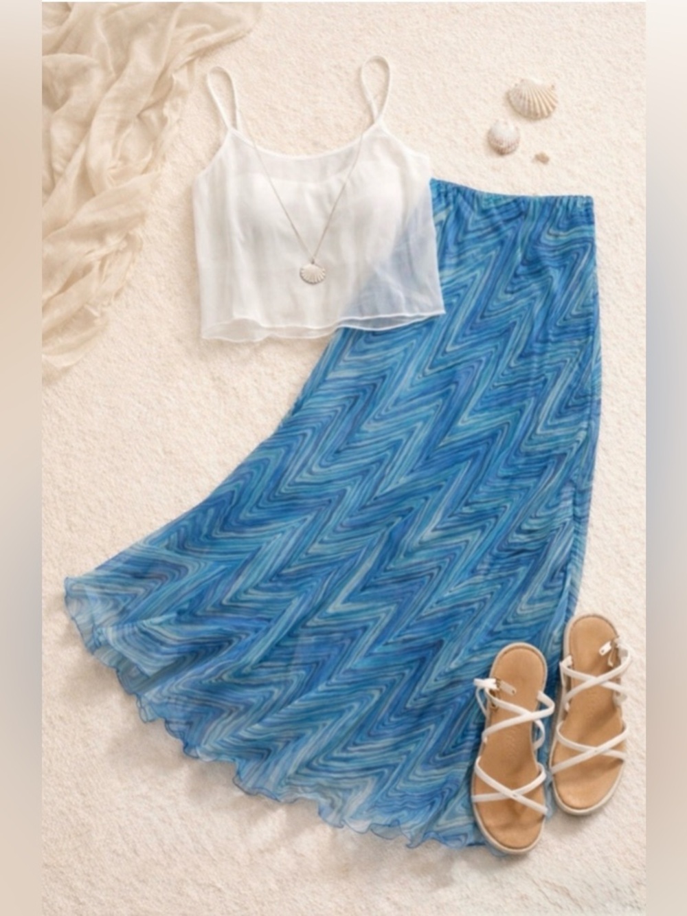 Vintage Y2K Blue Swirl Chiffon Slip Skirt Fairycore Mermaid Midi Small